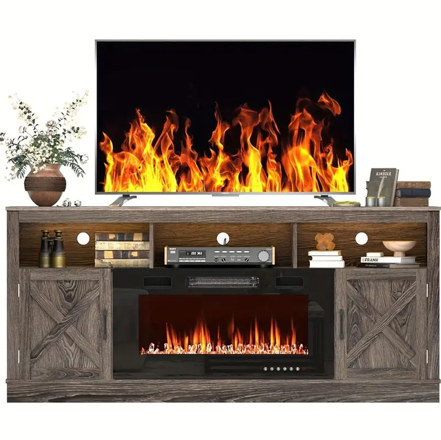 210HE185473 GREY Farmhouse Fireplace TV Stand For 70/75/80 Inch TV, 32"Tall Entertainment