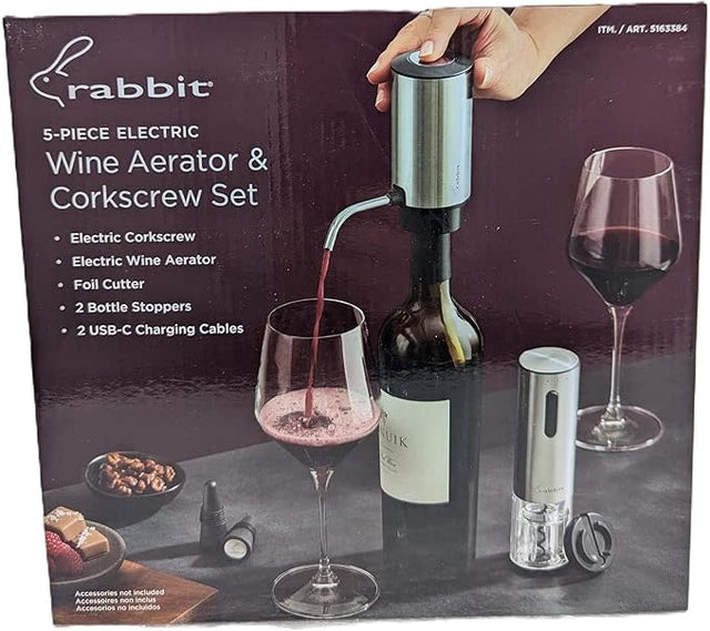 Rabbit Electric Wine Tool Set - 5-Piece Wine Accessory Collection - Aerator, Corkscrew, Cutter, Stoppers, Charging Cables