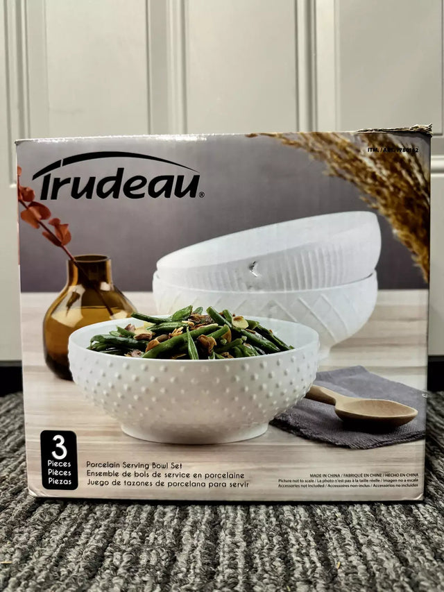 Trudeau 3 piece Porcelain serving bowl set 9.2 in diameter White NEW with BOX!