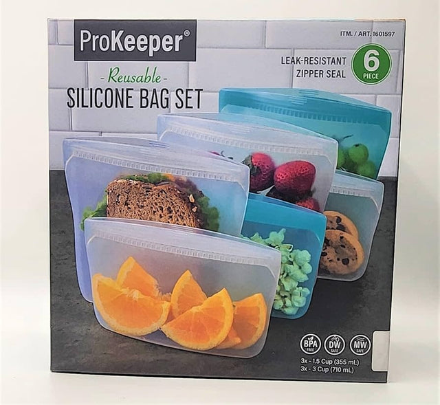 Prokeeper Reusable Silicone Bag Set 6-PC Leak-Resistant Zipper Seal