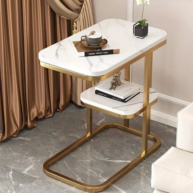 210FE249044-White Stylish Double-Layer Iron Side Table with Golden Pedestal