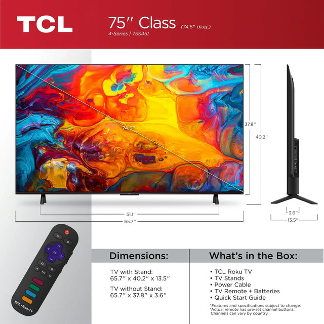 75S451 TCL 75" CLASS 4-SERIES 4K UHD HDR LED SMART ROKU TV