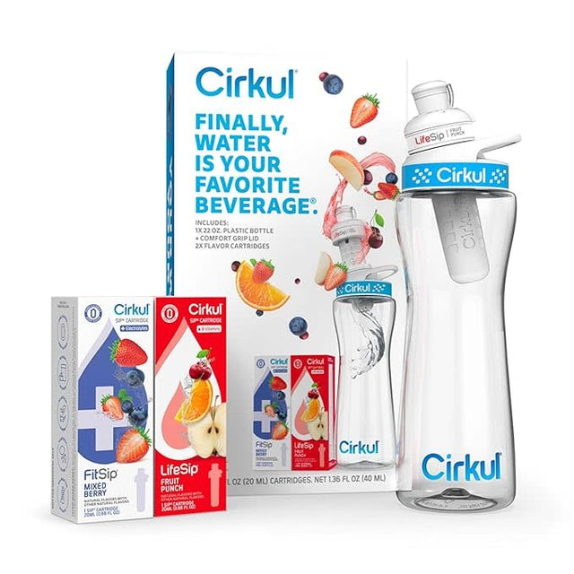 Cirkul 22oz. BPA-Free Plastic Water Bottle Starter Kit with Blue Lid, 2 Flavor Cartridges (1 LifeSip Fruit Punch, 1 FitSip Mixed Berry) Zero Calories and No Sugar