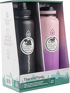 Thermoflask 40oz Stainless Steel Insulated Water Bottles with Straw and Spout Lids, 2-pack, Black/Rose Purple