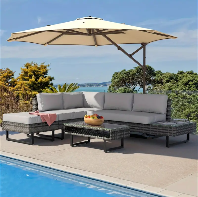 4-Piece Deluxe Patio Furniture Set Outdoor Sectional Rattan Wicker Sofa with Table