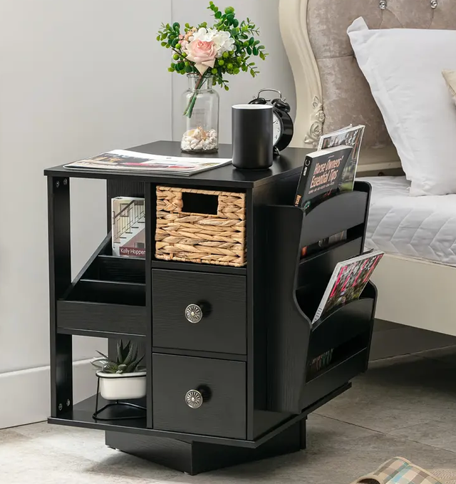 210RT170185-Black Rotating End Table with Drawers and Open Storage Shelf