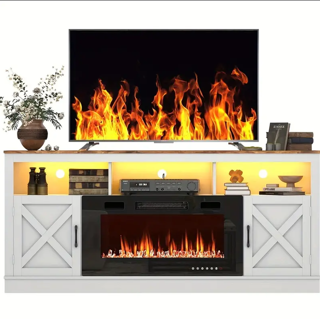 WHITE Farmhouse Fireplace TV Stand For 70/75/80 Inch TV, 32"Tall Entertainment