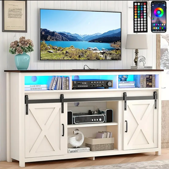 57" Rustic Wooden Farmhouse TV Stand Entertainment Center with Double Layer Storage