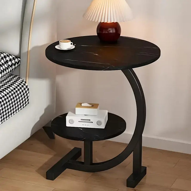 210WU183399-Black Iron Double Layered Round End Table with Metal Base and Wood Top