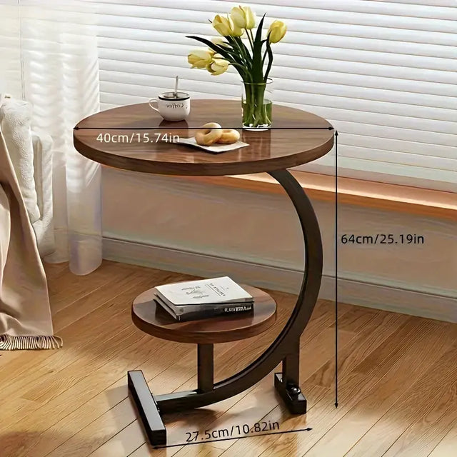 210WU183399-Brown Wood Double Layered Round End Table with Metal Base and Wood Top