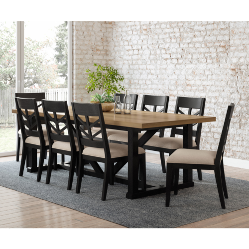 1570142 Morrison 9-piece Dining Set Features: Natural Brown Finished Top Black Finished Base Mahogany Solids and Oak Veneers Seats Upholstered in Stain Resistant Beige Fabric Adjustable Levelers