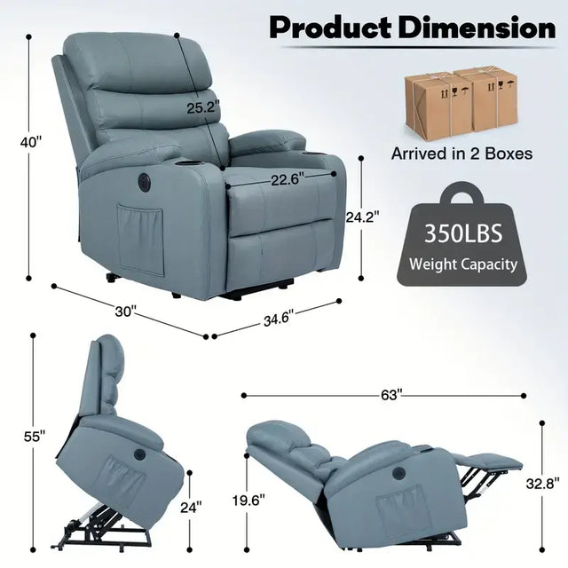 Power Lift Recliner Chair For Elderly Economic Lounge Chair With Heat And Massage, Adjustable Headrest Reclining Chair With USB Ports, Cup Holders