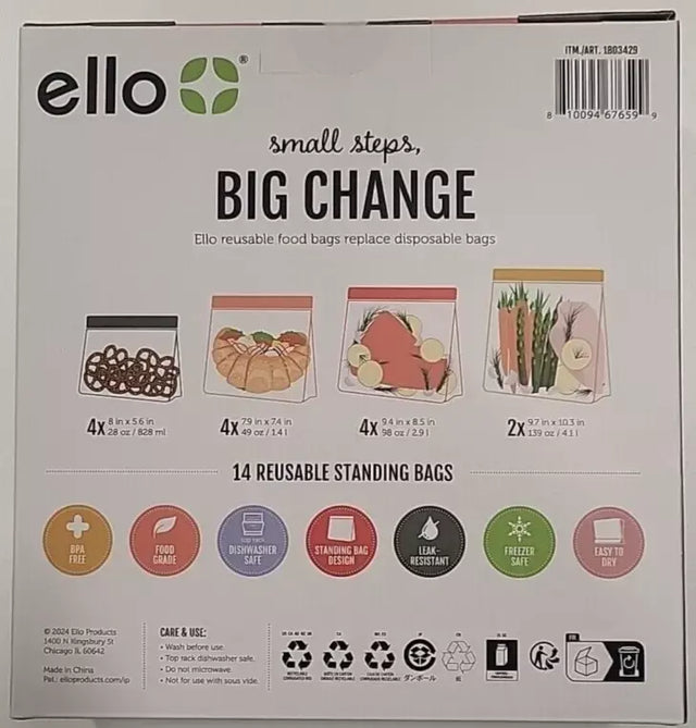 1803429 Ello Plastic Reusable Food Storage BPA-Free Travel Bags 14-Pack