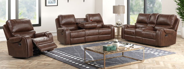 U114L - Nationwide Manual Motion Loveseat in a Brown Fabric and Contrast Stitching w/ Console +USB